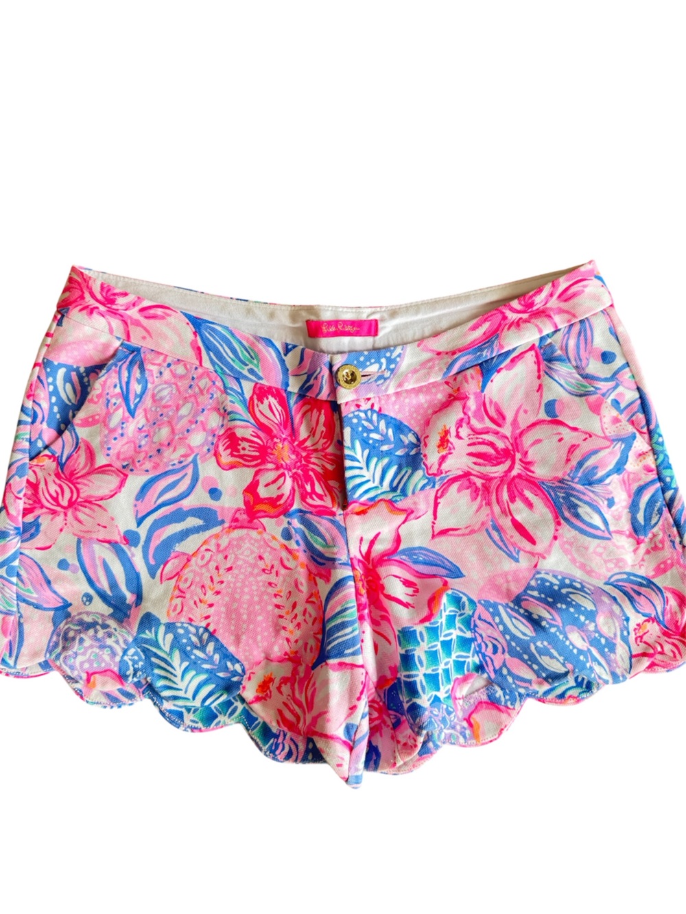 Lilly Pulitzer Floral Ruffle Shorts Pink Blue Tropical Print Size 10